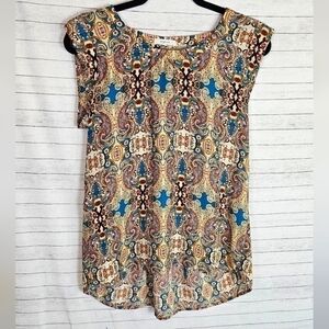 PLEIONE PAISLEY PRINT SHORT SLEEVE SHEER BLOUSE, SZ SMALL